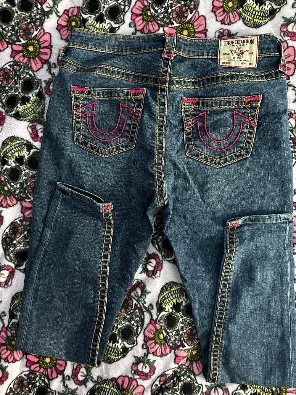 True Religion Dark Blue Skinny Jeans with Pink Stitching